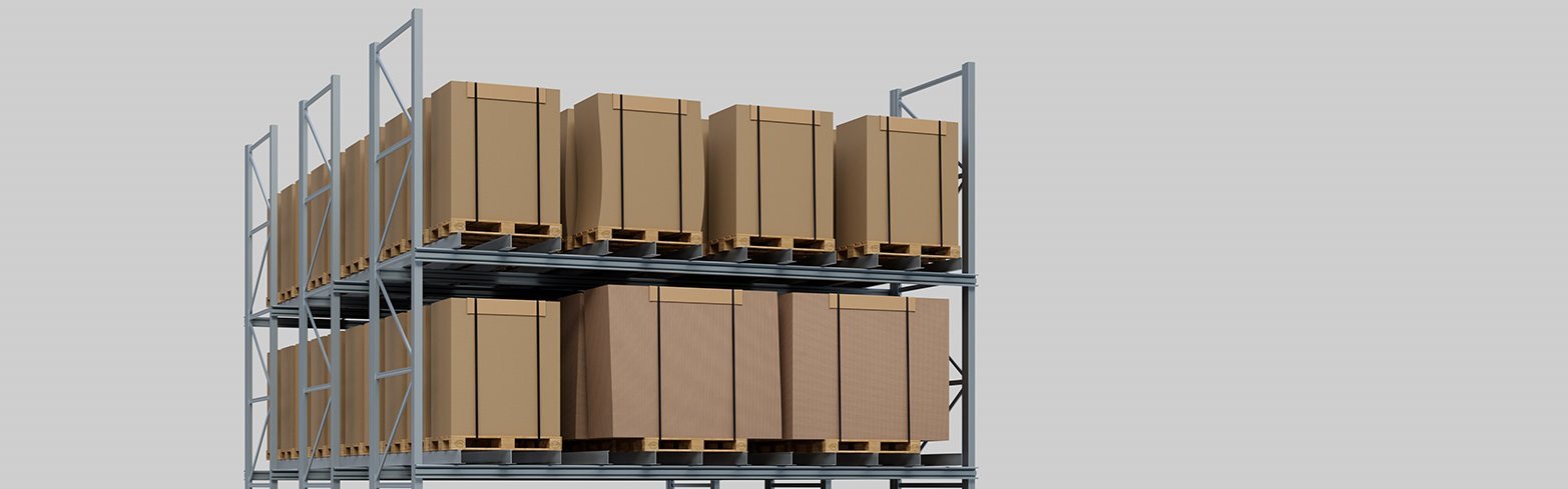High-bay rack with stacks of corrugated cardboard in various formats