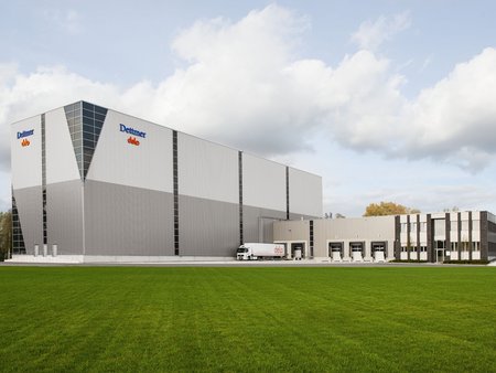 Exterior view of the automated high-bay warehouse for delo: Dettmer Verpackungen GmbH & Co. KG, Lohne, Lower Saxony