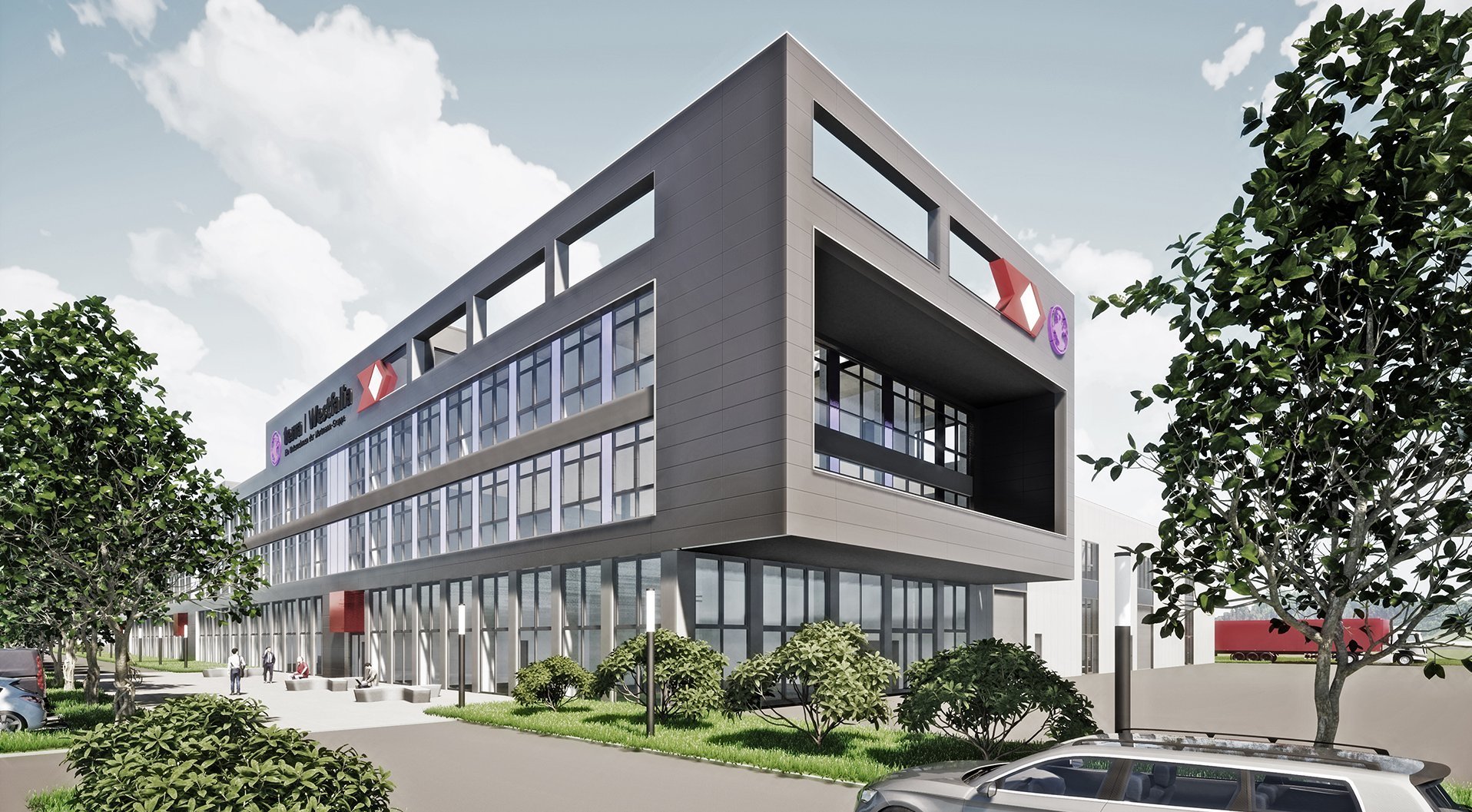 Blick auf den Bürokomplex und Haupteingang, Entwurf des neuen Firmensitzes der Westfalia Technologies GmbH & Co. KG, Borgholzhausen